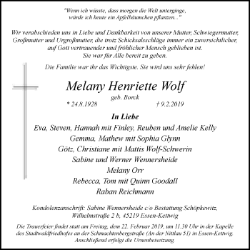 Traueranzeige von Melany Henriette Wolf von Kettwig Kurier