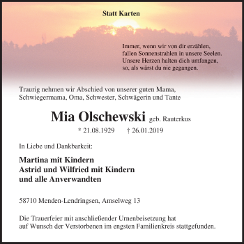 Traueranzeige von Mia Olschewski von Stadtspiegel Menden + Froendenberg