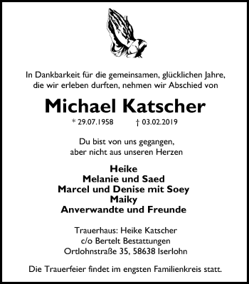 Traueranzeige von Michael Katscher von Stadtspiegel Iserlohn + Hemer