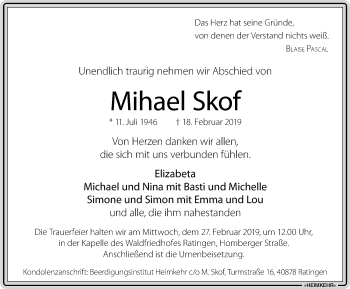 Traueranzeige von Mihael Skof von WVW Anzeigenblätter