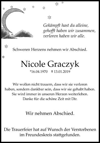 Traueranzeige von Nicole Graczyk von Stadtanz.Castrop-Rauxel