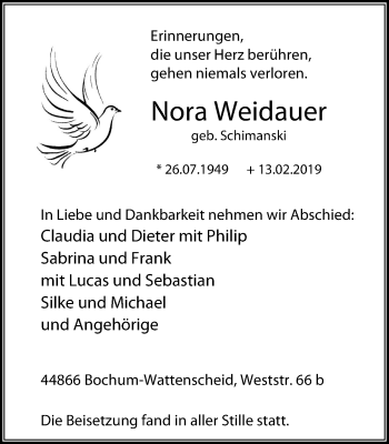 Traueranzeige von Nora Weidauer von Stadtspiegel Wattenscheid