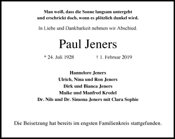 Traueranzeige von Paul Jeners von Stadtanzeiger Velbert + Heiligenhaus