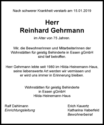Traueranzeige von Reinhard Gehrmann von Borbeck Kurier