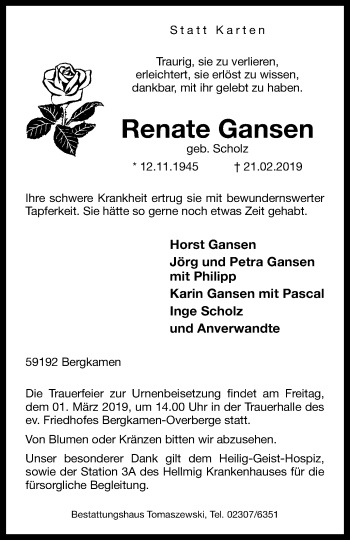 Traueranzeige von Renate Gansen von Stadtspiegel Kamen + Unna