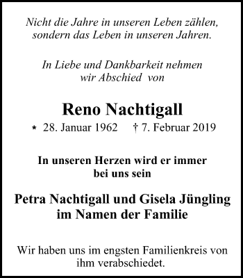 Traueranzeige von Reno Nachtigall von Stadtanzeiger Velbert + Heiligenhaus