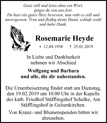Traueranzeige von Rosemarie Heyde von Stadtspiegel Gelsenkirchen