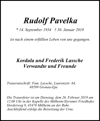 Traueranzeige von Rudolf Pavelka von Mülheimer Woche