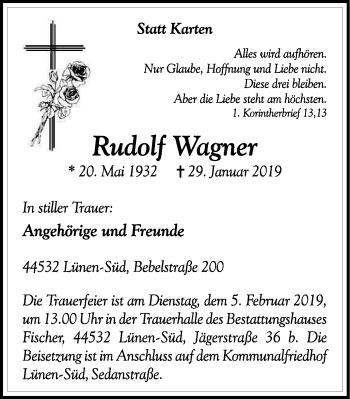 Traueranzeige von Rudolf Wagner von Lüner Anzeiger