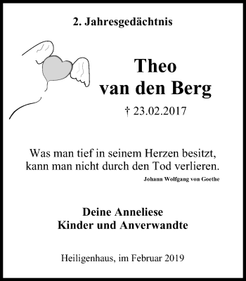 Traueranzeige von Theo Van den Berg von Stadtanzeiger Velbert + Heiligenhaus
