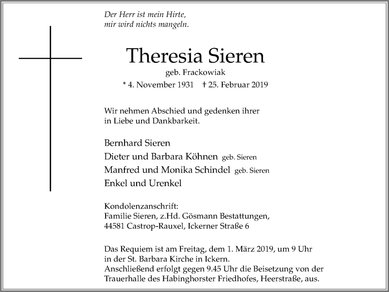  Traueranzeige für Theresia Sieren vom 27.02.2019 aus Stadtanz.Castrop-Rauxel