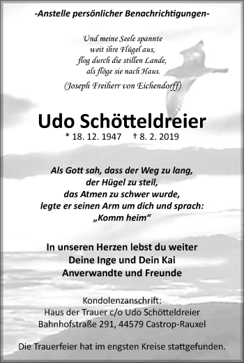Traueranzeige von Udo Schötteldreier von Stadtanz.Castrop-Rauxel