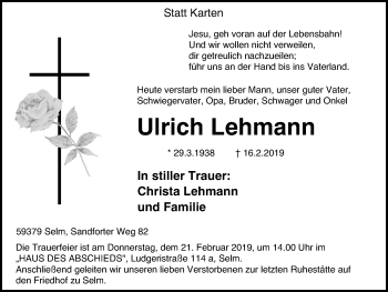 Traueranzeige von Ulrich Lehmann von Lüner Anzeiger