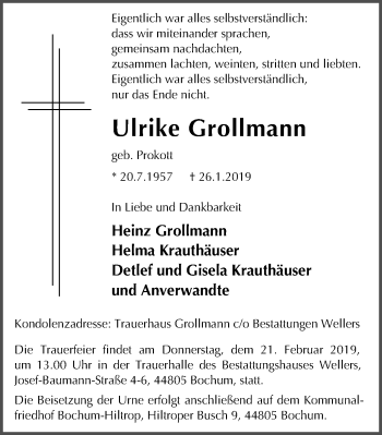 Traueranzeige von Ulrike Grollmann von Stadtspiegel Bochum