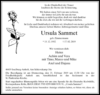 Traueranzeige von Ursula Sammet von Stadtanzeiger Emmerich/Rees/Isselburg