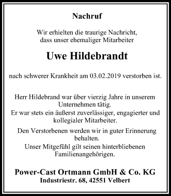 Traueranzeige von Uwe Hildebrandt von Ruhr Kurier