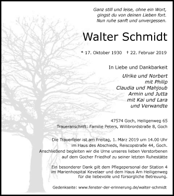 Traueranzeige von Walter Schmidt von Gocher Wochenblatt