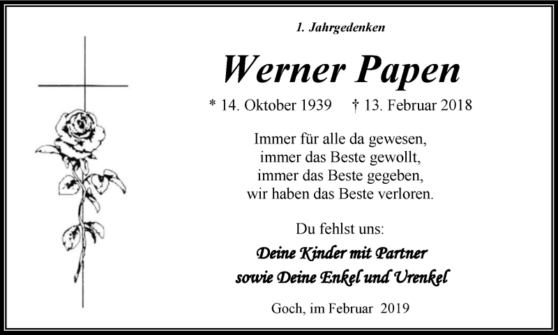  Traueranzeige für Werner Papen vom 16.02.2019 aus Gocher Wochenblatt