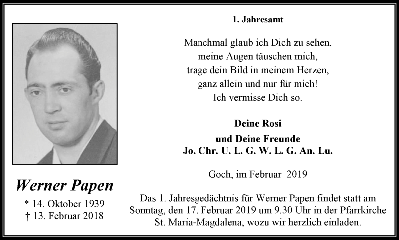  Traueranzeige für Werner Papen vom 09.02.2019 aus Gocher Wochenblatt
