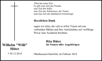 Traueranzeige von Wilhelm Hüter von Wochen-Anzeiger Oberhausen