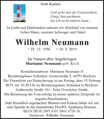 Traueranzeige von Wilhelm Neumann von Stadtspiegel Bochum + Wattenscheid