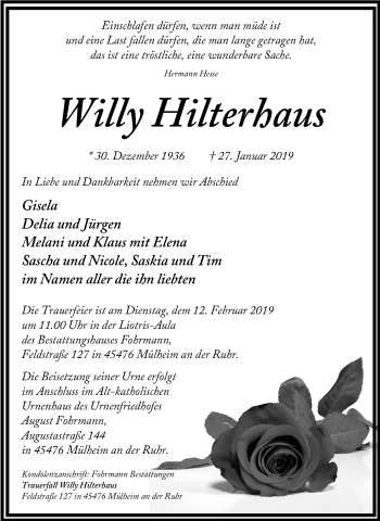 Traueranzeige von Willy Hilterhaus von Mülheimer Woche