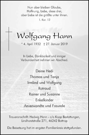 Traueranzeige von Wolfgang Hann von Stadtspiegel Bottrop