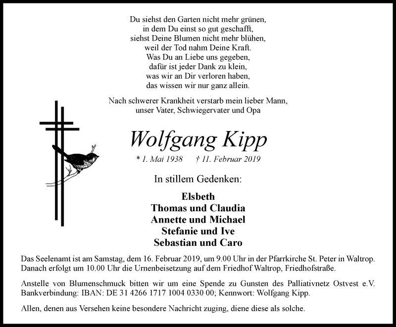  Traueranzeige für Wolfgang Kipp vom 13.02.2019 aus Stadtanz.Castrop-Rauxel
