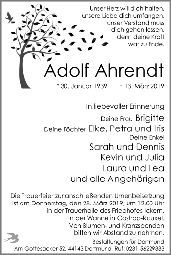 Traueranzeige von Adolf Ahrendt von Stadtanz.Castrop-Rauxel