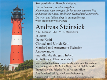 Traueranzeige von Andreas Steinsiek von Stadtspiegel Kamen + Unna