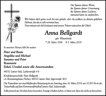 Traueranzeige von Anna Bellgardt von Lüner Anzeiger