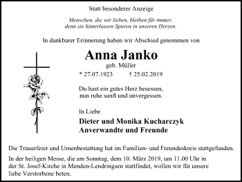 Traueranzeige von Anna Janko von Stadtspiegel Menden + Froendenberg