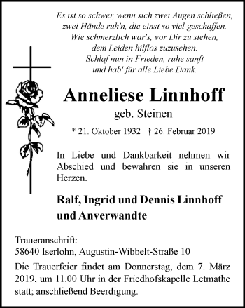 Traueranzeige von Anneliese Linnhoff von Stadtspiegel Iserlohn + Hemer