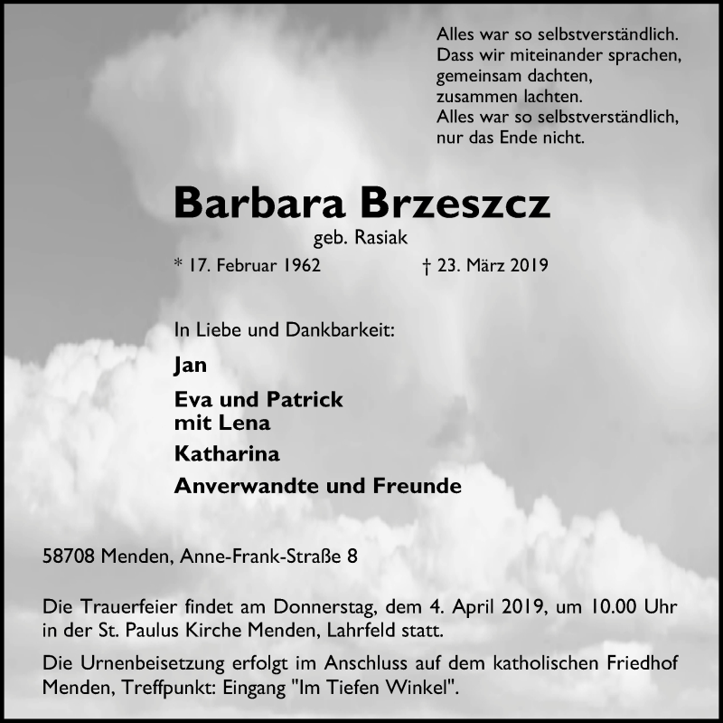  Traueranzeige für Barbara Brzeszcz vom 30.03.2019 aus Stadtspiegel Menden + Froendenberg