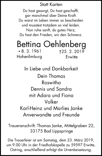 Traueranzeige von Bettina Oehlenberg von Stadtanzeiger Hagen + Herdecke/Wetter/Vorhalle