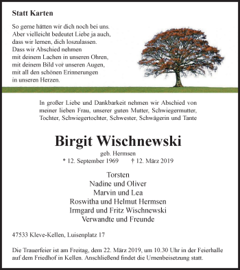 Traueranzeige von Birgit Wischnewski von Klever Wochenblatt