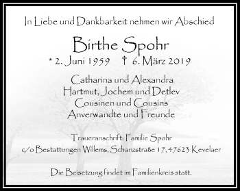 Traueranzeige von Birthe Spohr von Mülheimer Woche