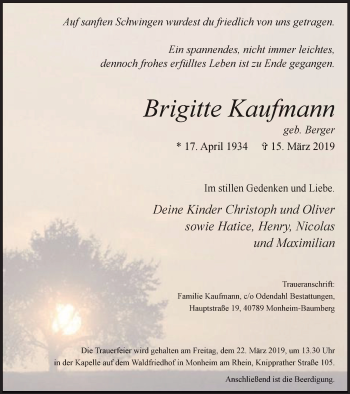 Traueranzeige von Brigitte Kaufmann von Wochen-Anzeiger Langenfeld/Monheim/Hilden