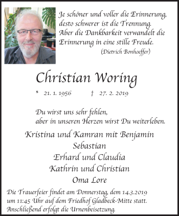 Traueranzeige von Christian Worin von Stadtspiegel Gladbeck