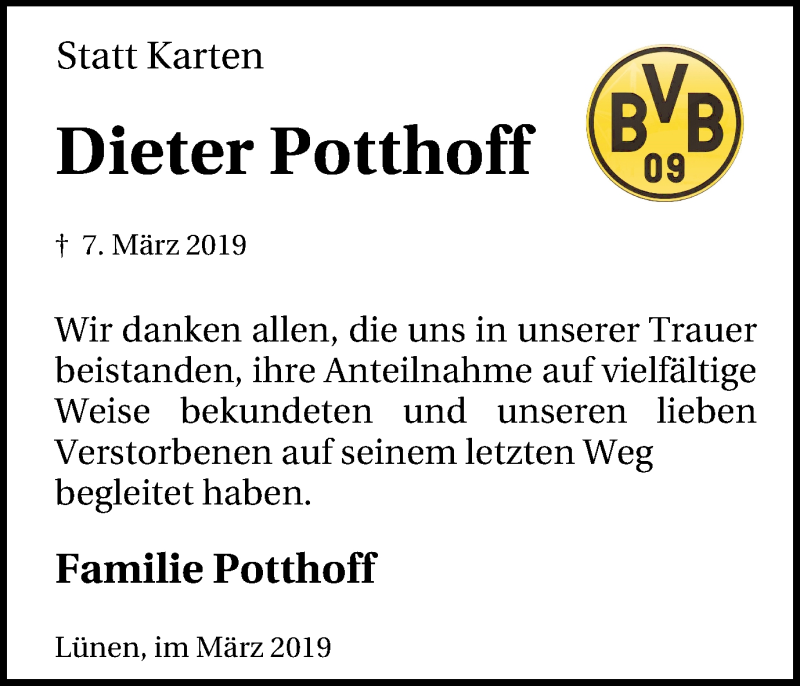  Traueranzeige für Dieter Potthoff vom 30.03.2019 aus Lüner Anzeiger
