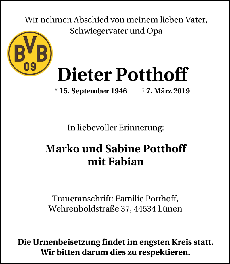  Traueranzeige für Dieter Potthoff vom 13.03.2019 aus Lüner Anzeiger