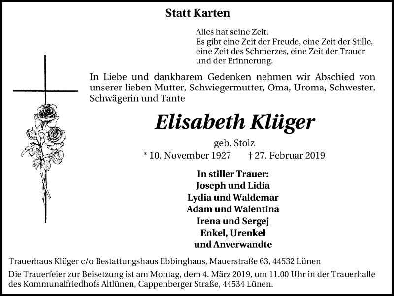  Traueranzeige für Elisabeth Klüger vom 02.03.2019 aus Lüner Anzeiger