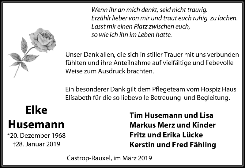  Traueranzeige für Elke Husemann vom 16.03.2019 aus Stadtanz.Castrop-Rauxel