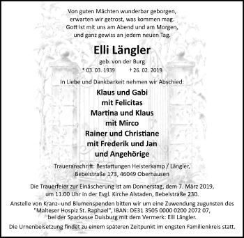 Traueranzeige von Elli Längler von Wochen-Anzeiger Oberhausen