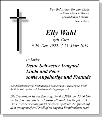 Traueranzeige von Elly Wahl von Stadtanz.Castrop-Rauxel