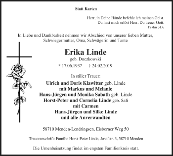 Traueranzeige von Erika Linde von Stadtspiegel Menden + Froendenberg