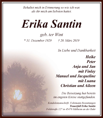 Traueranzeige von Erika Santin von Mülheimer Woche