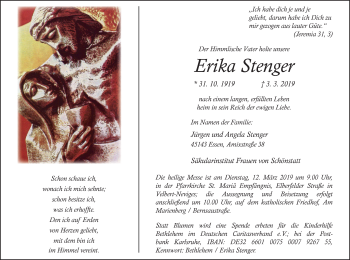 Traueranzeige von Erika Stenger von Stadtanzeiger Velbert + Heiligenhaus