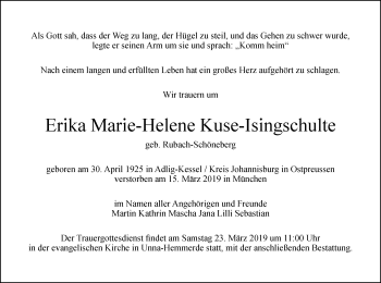 Traueranzeige von Erika Marie-Helene Kuse-Isingschulte von Stadtspiegel Menden+Fröndenberg+Iserlohn/Hemer