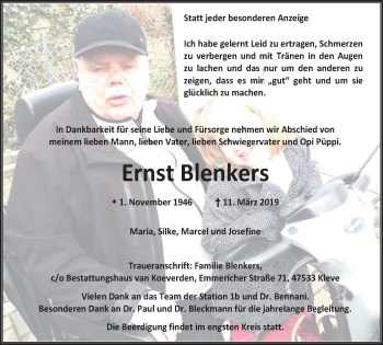Traueranzeige von Ernst Blenkers von Klever Wochenblatt
